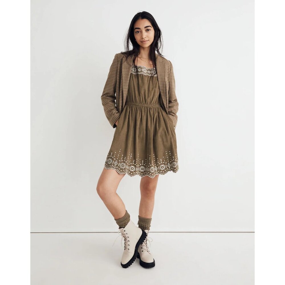 MADEWELL Embroidered Corduroy Square-Neck Mini Dress Olive Green sz M Women's - Picture 5 of 10